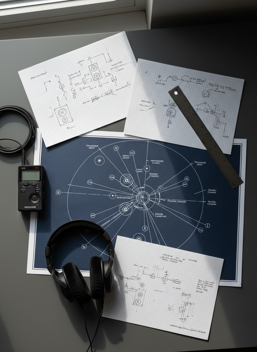 An overhead photographic view of a carefully annotated sound-art project proposal spread across a charcoal-grey desk: a large blueprint-style diagram of a multi-channel speaker installation, precise lines in crisp white ink on deep navy paper, surrounded by neatly arranged graph-paper sketches, a slim brushed-steel ruler, and a small digital recorder. A pair of over-ear studio headphones rests gently on one corner of the blueprint, their velvety ear cushions and matte frame adding tactile contrast. Soft morning light from a nearby unseen window washes across the desk, revealing subtle paper textures and casting delicate, directional shadows. The mood is focused and intellectual, with clean, modern composition emphasizing the thoughtful planning behind experimental sound installations.
