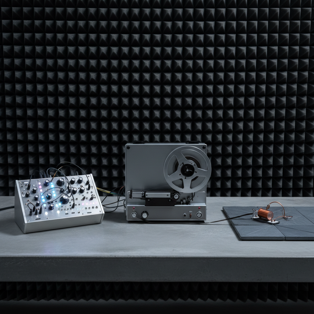 A meticulously arranged collection of experimental sound devices on a long concrete table: a modular synthesizer in brushed aluminum with glowing pastel LEDs, an open reel-to-reel tape machine with exposed tape threading between chrome reels, and a hand-built contact microphone resting on a geometric slate tile. Behind them, a large, dark acoustic panel forms a clean backdrop. Overhead, cool, diffused studio lighting creates soft reflections on metal surfaces and gentle shadows under knobs and cables. Captured in photographic realism from a slightly elevated angle with crisp focus across the frame, the composition uses rule of thirds to place each object, evoking a sophisticated, research-oriented environment ideal for presenting sound art practice and technical exploration.
